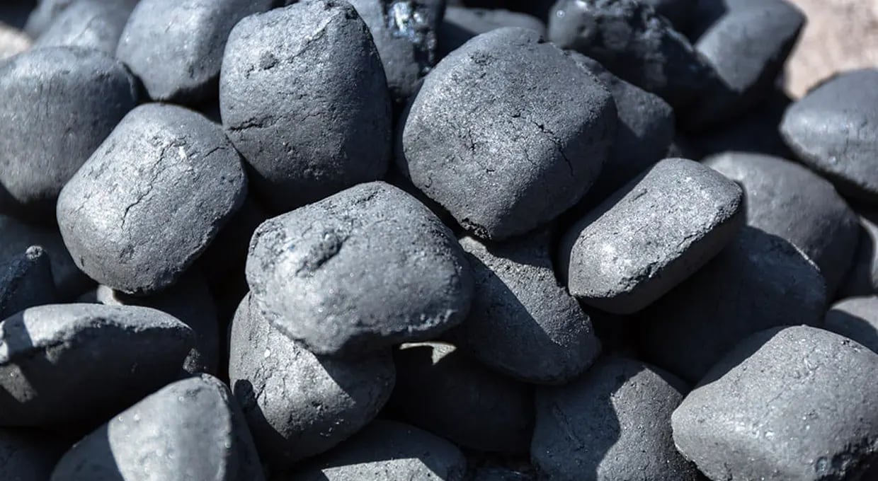 Close view of BRICAPAR pillow-shaped charcoal briquettes